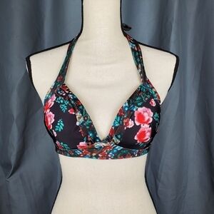 Bikini top, black with red/pink roses, size XL